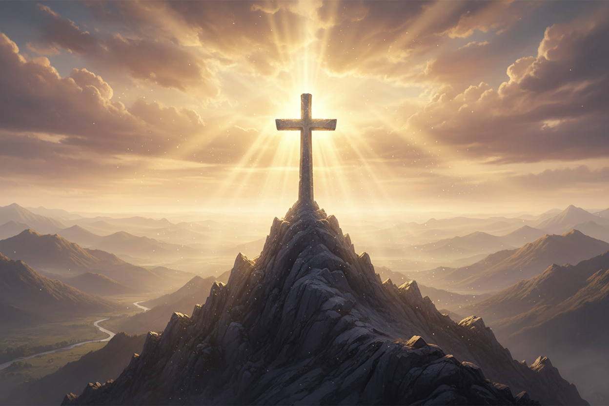 Hero banner with cross on mountain with light