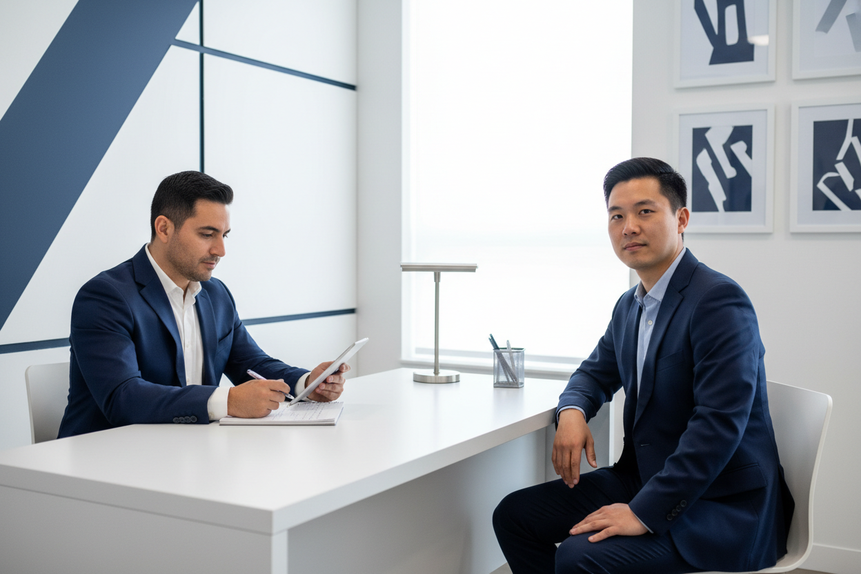 Professional coach and client in a mock interview setting with navy and white brand colors