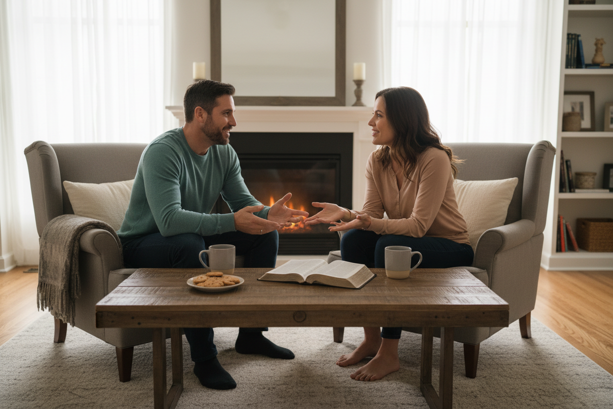 Two people discussing with Bible on table